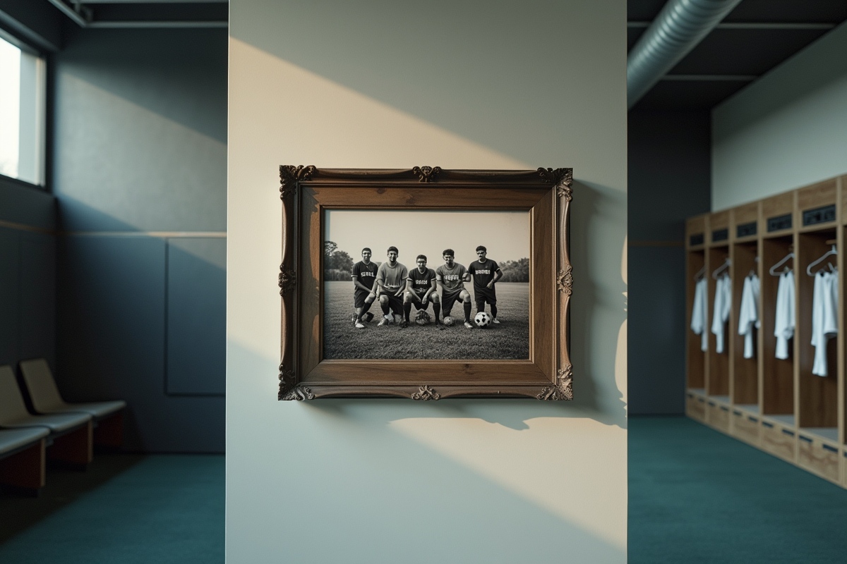 Photo ancienne d une équipe de football en noir et blanc dans un vestiaire moderne