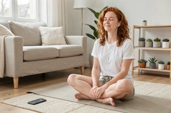 Jeune femme pratiquant l'auto-hypnose chez elle pour soutenir sa démarche minceur au quotidien