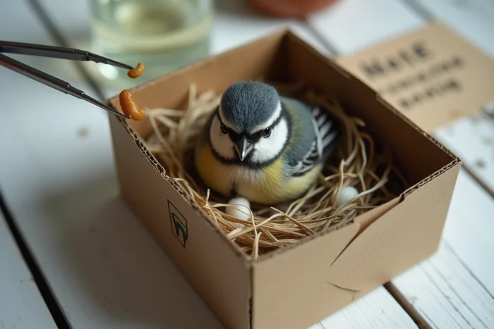 Baby great tit in a makeshift cardboard nest being fed with tweezers and mealworms