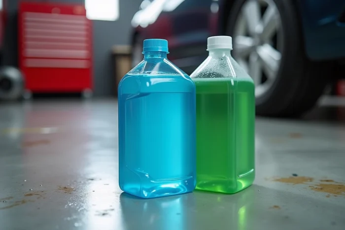 Gros plan de deux bidons ouverts de lave-glace bleu et de liquide de refroidissement vert posés sur le sol d'un garage
