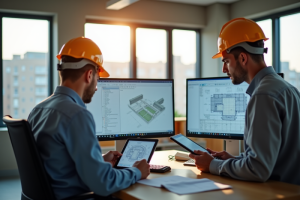 Bureau de chantier avec deux professionnels utilisant ordinateurs et tablettes
