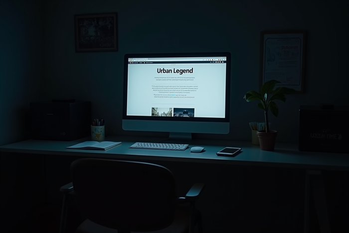 Bureau sombre avec écran affichant une légende urbaine la nuit