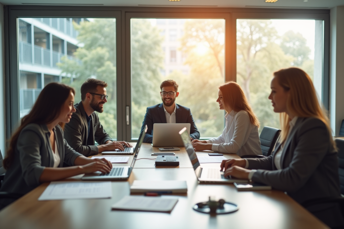 Équipe de travail dans un bureau moderne et lumineux