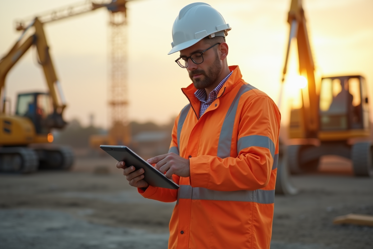 Chef de projet sur site de construction utilisant une tablette au coucher du soleil
