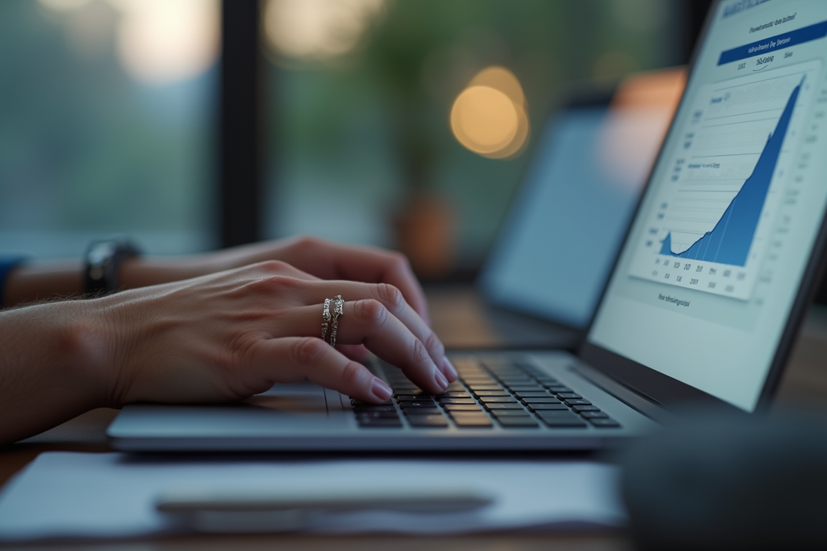 Mains tapant sur un ordinateur portable avec plateforme legale en vue
