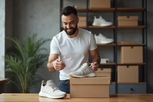 Collectionneur de sneakers en édition limitée inspectant une paire de chaussures hors de sa boîte, illustrant le marché du retail et du resell
