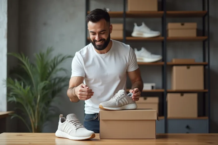 Collectionneur de sneakers en édition limitée inspectant une paire de chaussures hors de sa boîte, illustrant le marché du retail et du resell