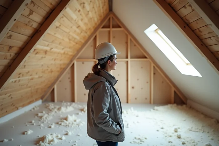 Architecte dans des combles montrant la différence entre combles perdus non aménagés et combles aménagés avec fenêtre de toit