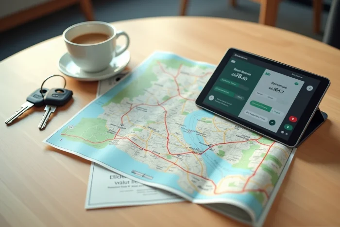 Comparaison d'itinéraires entre une carte routière papier et une tablette numérique sur une table en bois