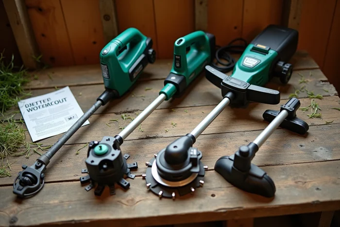 Comparaison de trois types de taille-bordures — électrique, sans fil et manuel — posés sur un établi en bois dans un atelier de jardin