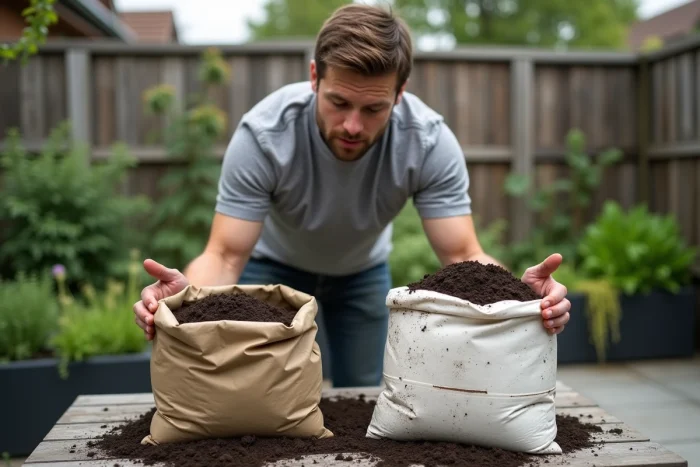 Comparaison d'un terreau frais et d'un terreau dégradé avec moisissures dans un jardin