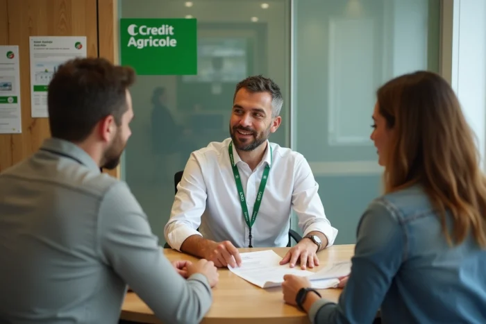 Conseiller bancaire Crédit Agricole présentant une offre de financement à un couple dans une agence bancaire française