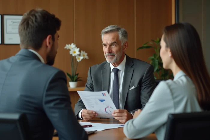 Conseiller financier expliquant les principes d'un contrat d'assurance Previlion à un couple