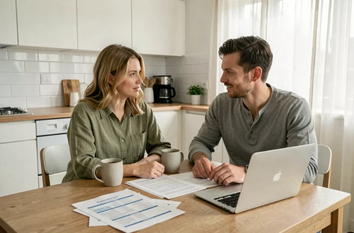 Un couple compare des offres de prêt immobilier sur leur table de cuisine avec des documents et un ordinateur portable