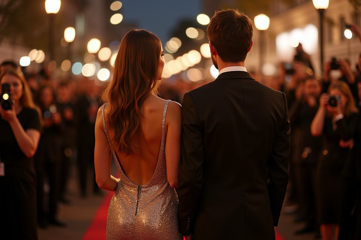 Couple élégant arrivant à un événement en soirée avec flashs de paparazzi