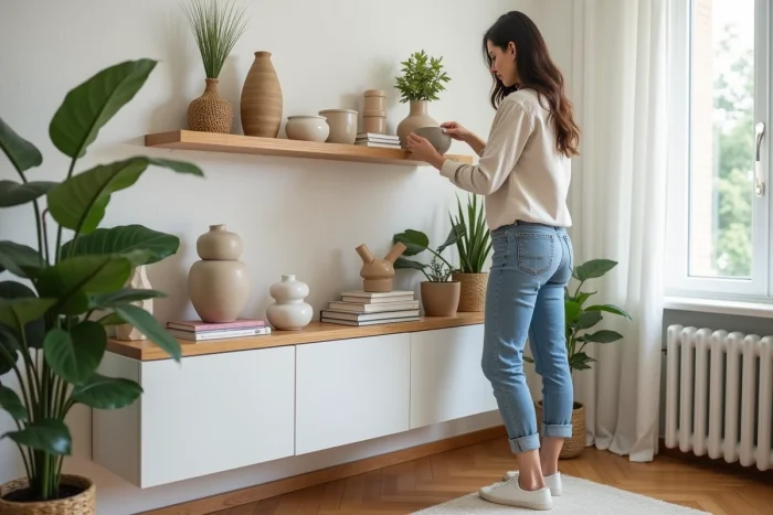 Femme stylée arrangeant des vases dans un salon lumineux