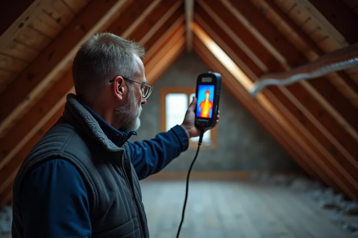 Auditeur énergétique utilisant une caméra thermique dans les combles d'une maison pour réaliser un diagnostic thermique avant isolation