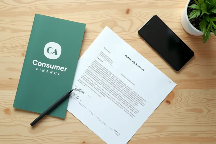Vue aérienne d'un bureau avec documents de partenariat CA Consumer Finance et Crédit Agricole, stylo et application bancaire sur smartphone