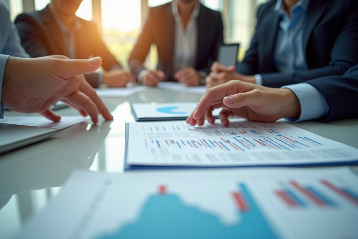 Gros plan sur documents financiers et mains d