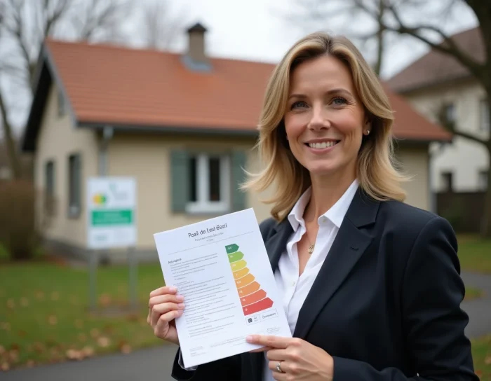Agente immobilière tenant un certificat DPE devant une maison résidentielle, indiquant les enjeux de l'interdiction de location des passoires thermiques