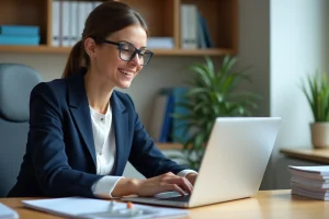 Enseignante connectée à son espace IProf Créteil depuis un bureau d'école sur ordinateur portable