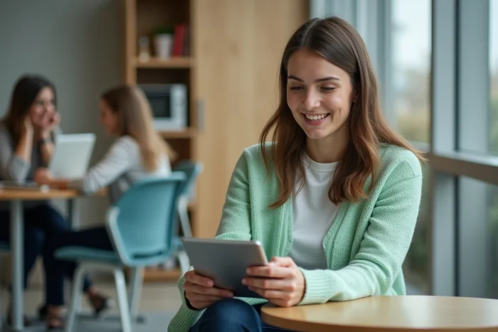 Jeune enseignante accédant à son espace IProf Créteil sur tablette dans la salle des professeurs