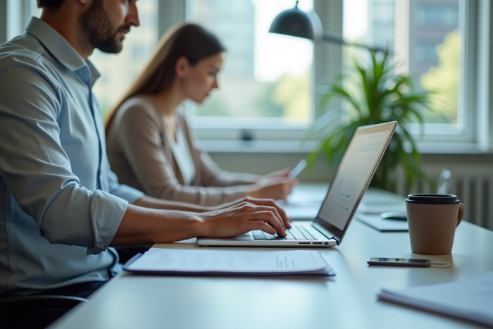 Entrepreneur moderne travaillant à un bureau lumineux avec ordinateur