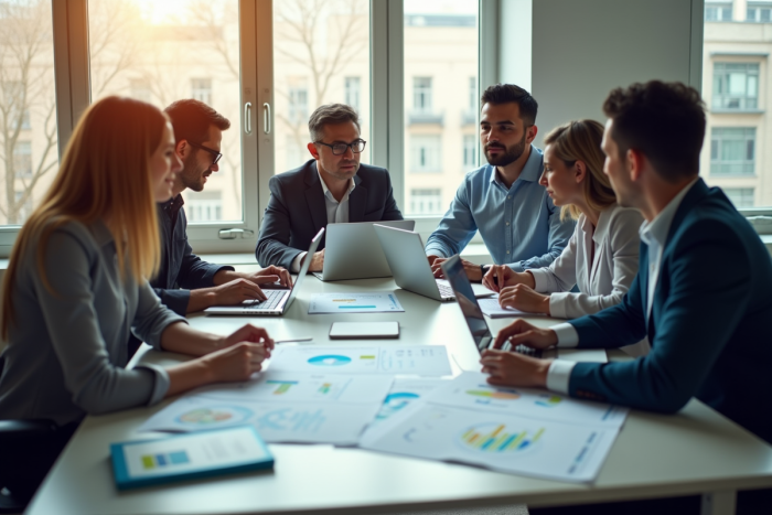 Equipe de professionnels collaborant autour d'une table lumineuse