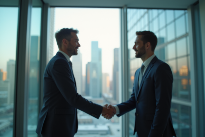 Deux professionnels se serrant la main dans un bureau moderne