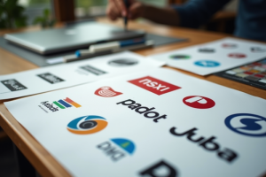 Espace de travail d'un designer avec logos anciens et nouveaux