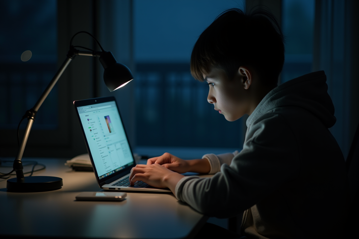 Étudiant seul étudiant la nuit avec ordinateur portable