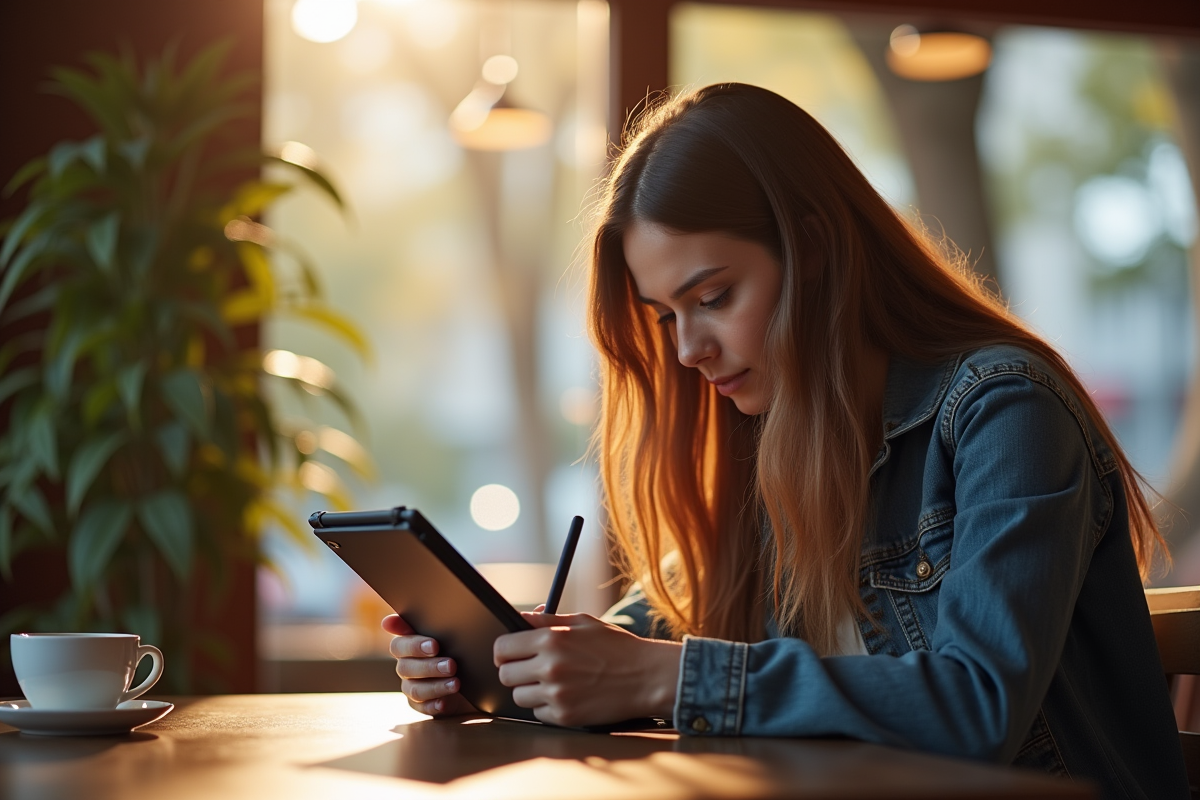Étudiant seul travaillant sur une tablette dans un café ensoleille
