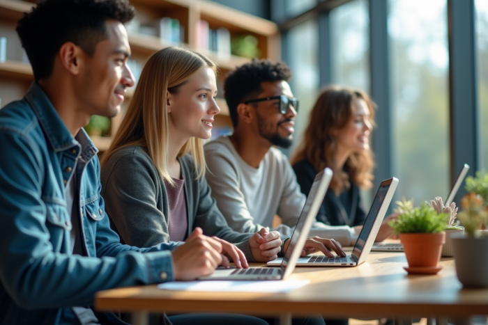 Groupe d'étudiants en bibliothèque moderne utilisant des plateformes numériques