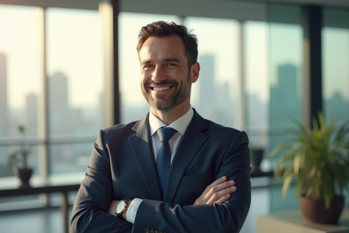 Cadre confiant dans un bureau moderne avec vue sur la ville