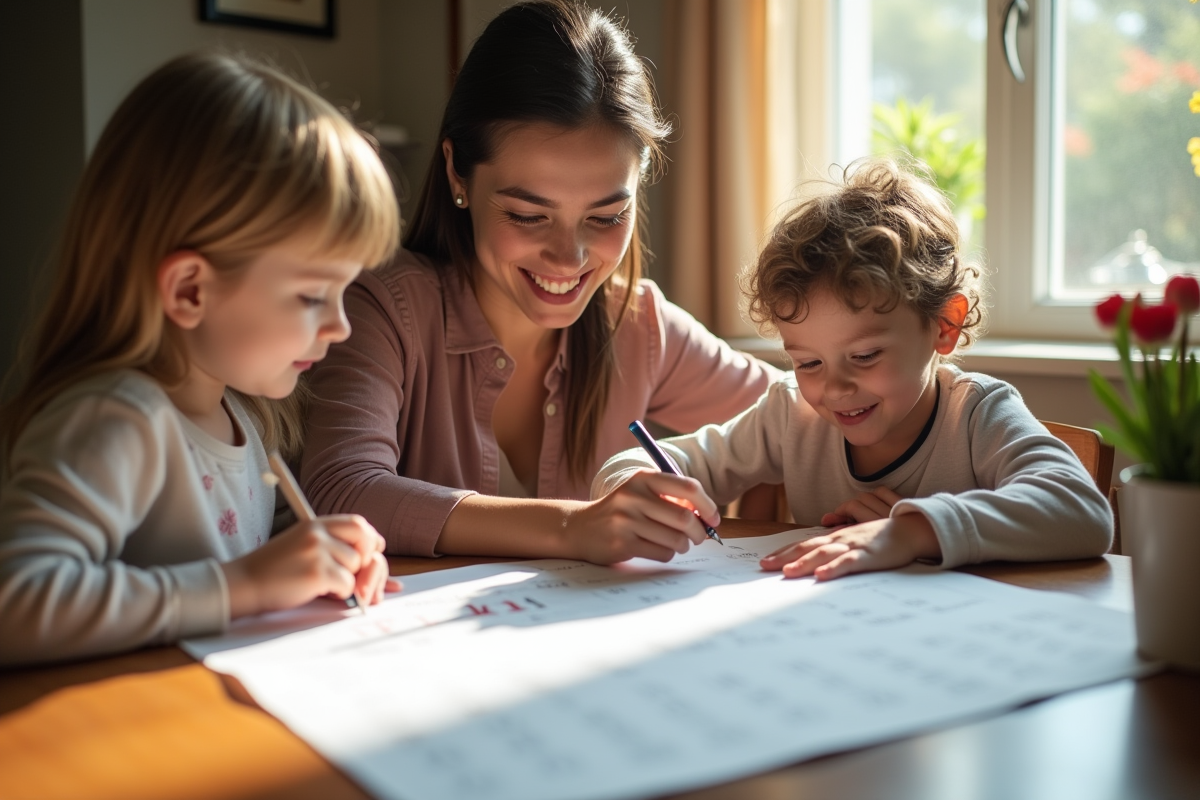 Famille heureuse marquant des jours sur un calendrier