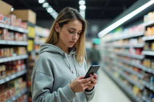 Femme scannant un produit en supermarché avec l'application Roamler sur smartphone pour gagner de l'argent
