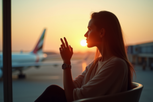 Femme regardant par la fenêtre d'aéroport au lever du soleil