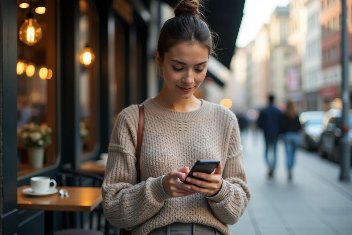 Jeune femme dans un café urbain utilisant son smartphone