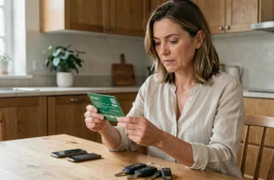 Femme tenant sa carte verte d'assurance auto et cherchant son numéro d'identification