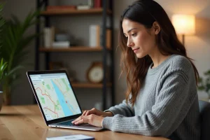 Femme comparant des itinéraires Mappy et Michelin sur un ordinateur portable dans un bureau à domicile