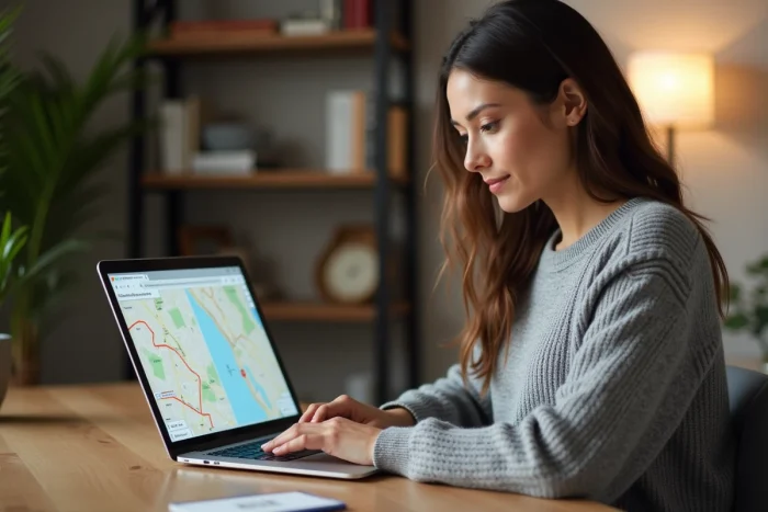 Femme comparant des itinéraires Mappy et Michelin sur un ordinateur portable dans un bureau à domicile