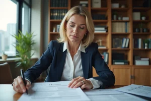 Femme professionnelle consultant un contrat Previlion dans un bureau moderne