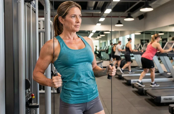 Femme de 40 ans réalisant des crunchs à la poulie sur une machine de musculation dans une salle de sport commerciale