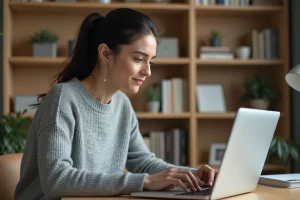 Femme consultant les pages enrichissantes d'un site web sur son ordinateur portable dans un bureau cosy