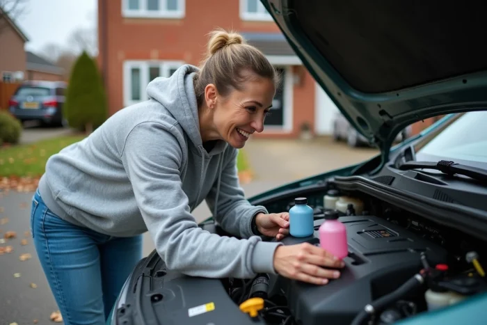 Femme inspectant les réservoirs de lave-glace et de liquide de refroidissement sous le capot d'une voiture dans une allée résidentielle