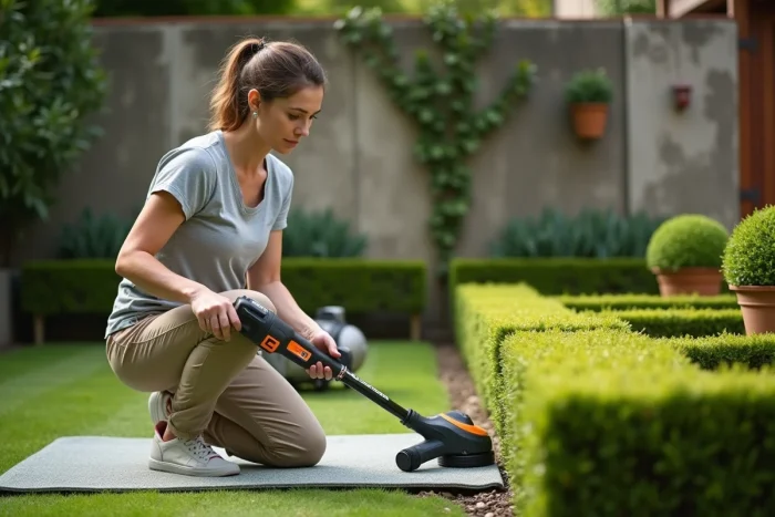 Femme inspectant la tête d'un taille-bordure sans fil devant une haie bien taillée dans un jardin formel