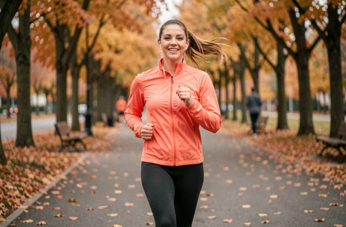 Femme faisant du jogging dans un parc urbain en automne pour améliorer sa santé et son bien-être physique au quotidien