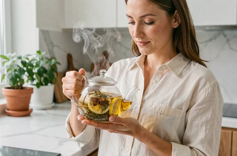 Femme préparant une tisane minceur dans une cuisine moderne avec une théière en verre remplie d'herbes naturelles
