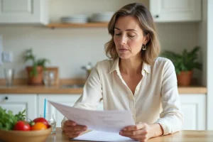 Femme consultant les documents d'un programme minceur Naturhouse sur 3 semaines à la maison