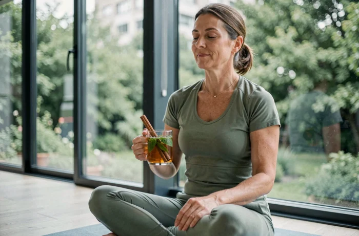 Femme détendue après le sport buvant une tisane minceur aux herbes naturelles près d'une grande fenêtre lumineuse